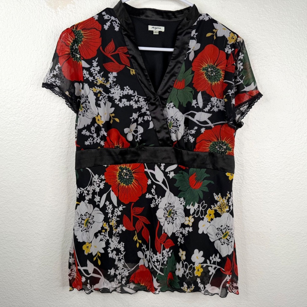 Agora Women's Babydoll 90's Y2k Asian Floral Top Black Size L
